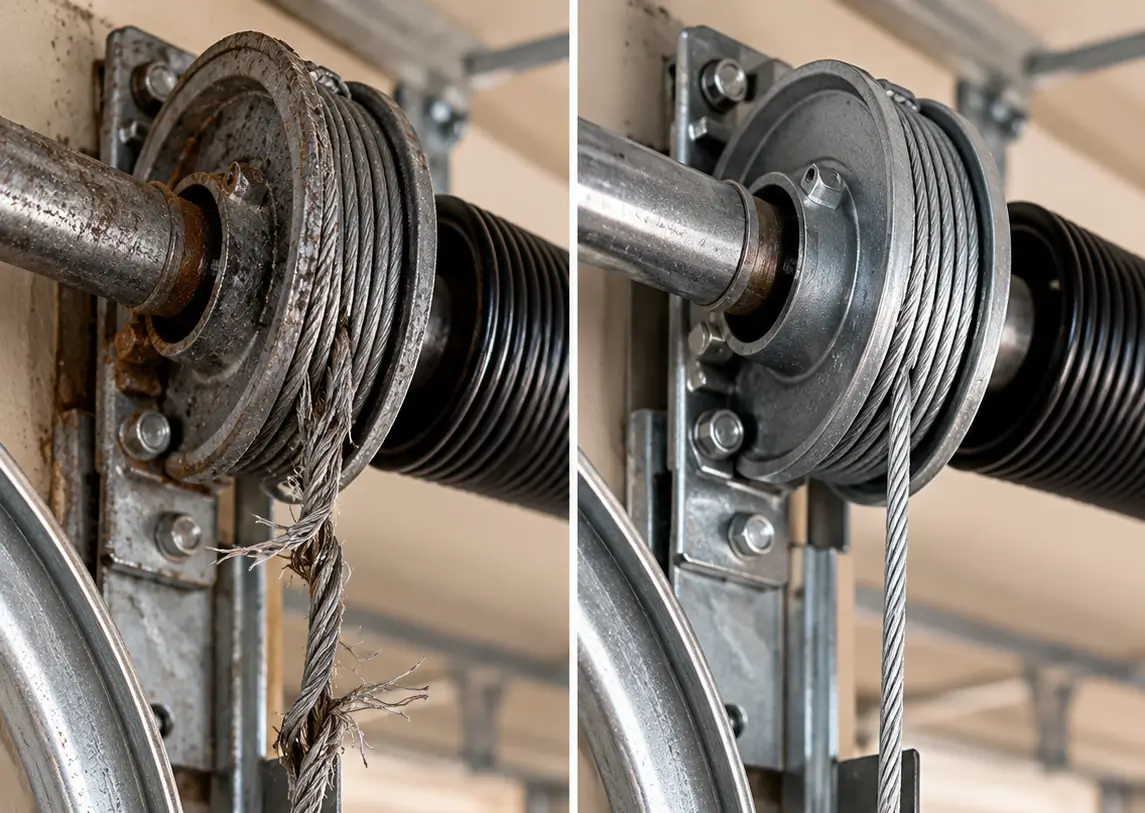 Before and after comparison of garage door cable repairs