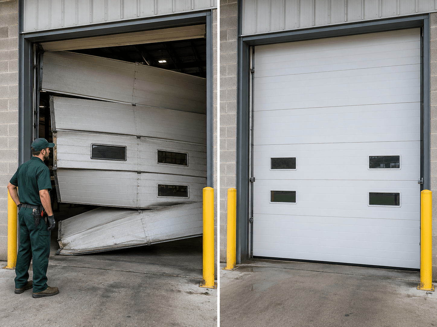 Before and after commercial garage do vor repair showing a damaged door and the fully repaired result