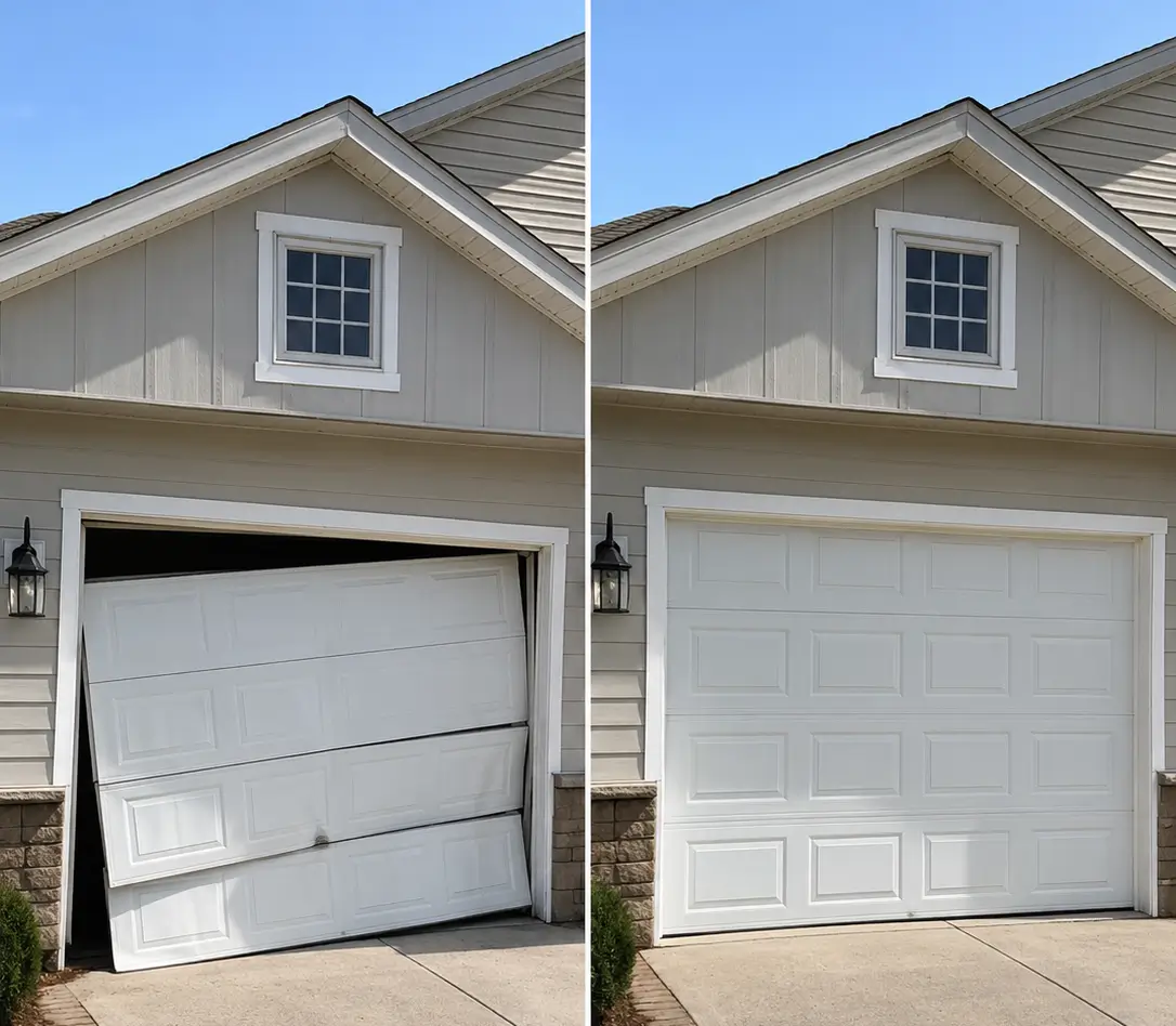 Before and after garage door repair showing a broken door and the fully repaired result