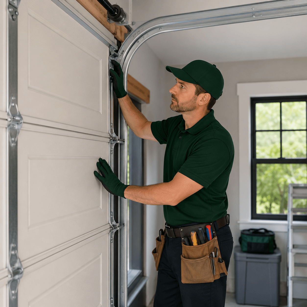 Garage door technician inspecting a residential garage door