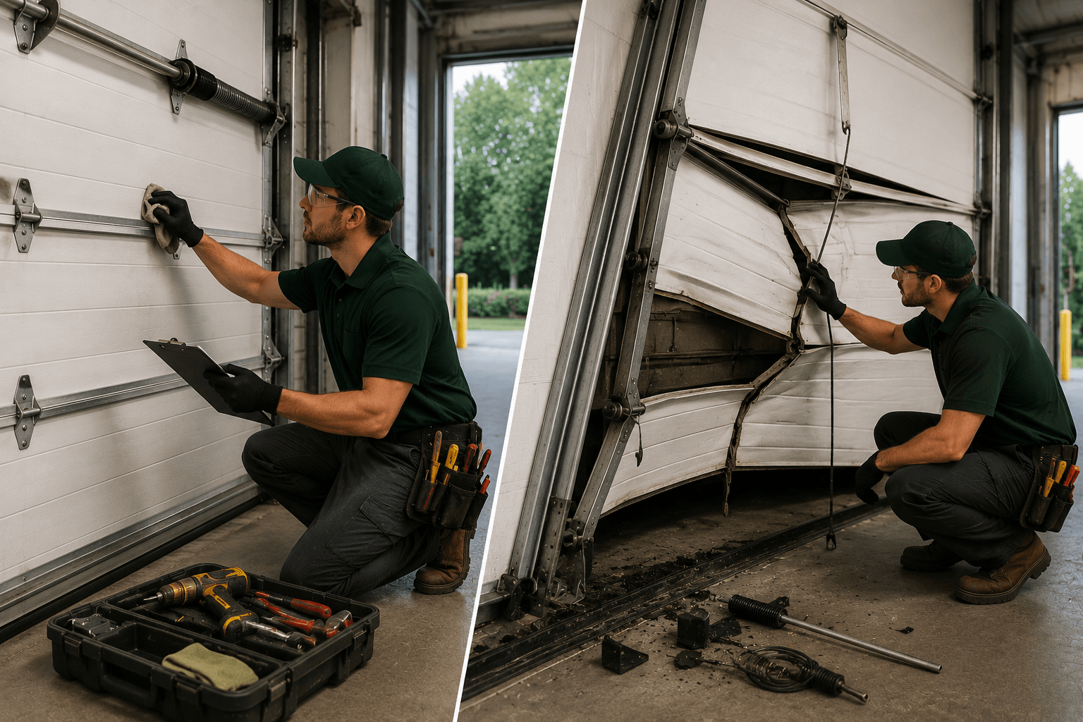 Before and after maintance  garage do vor repair showing a damaged door and the fully repaired result