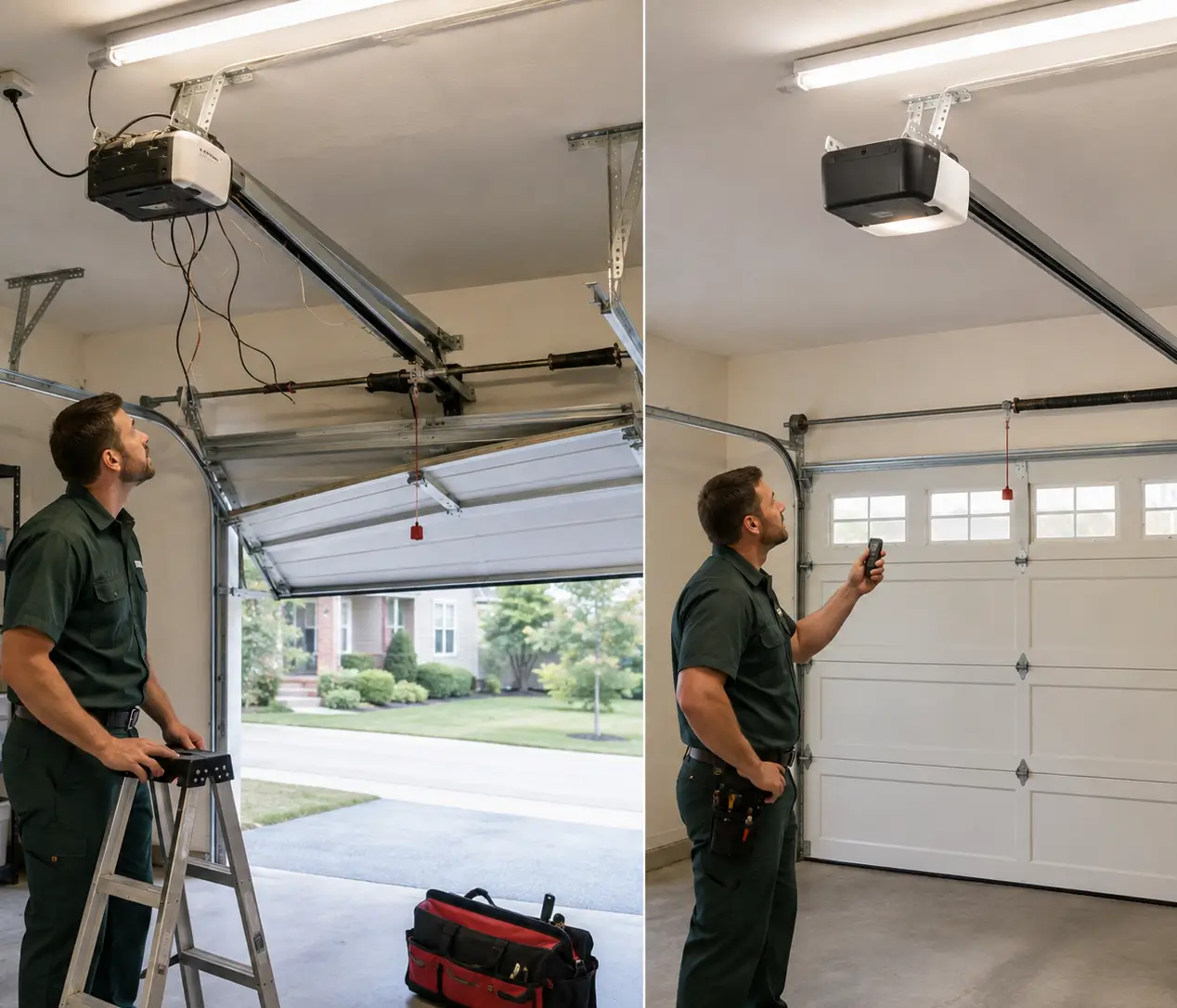 Before and after garage door opener repair showing a broken opener and the fully repaired result