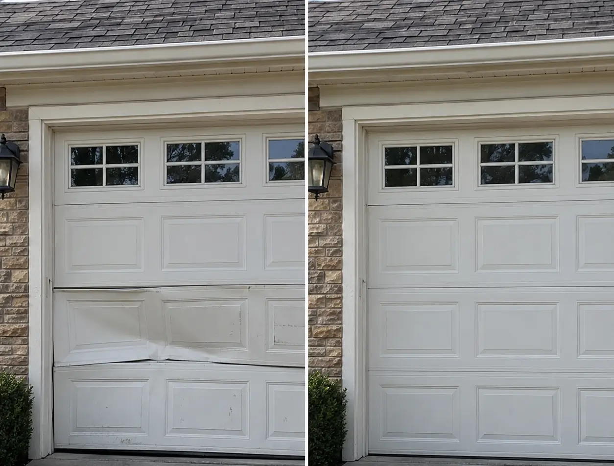 Before and after comparison of garage door panel repairs