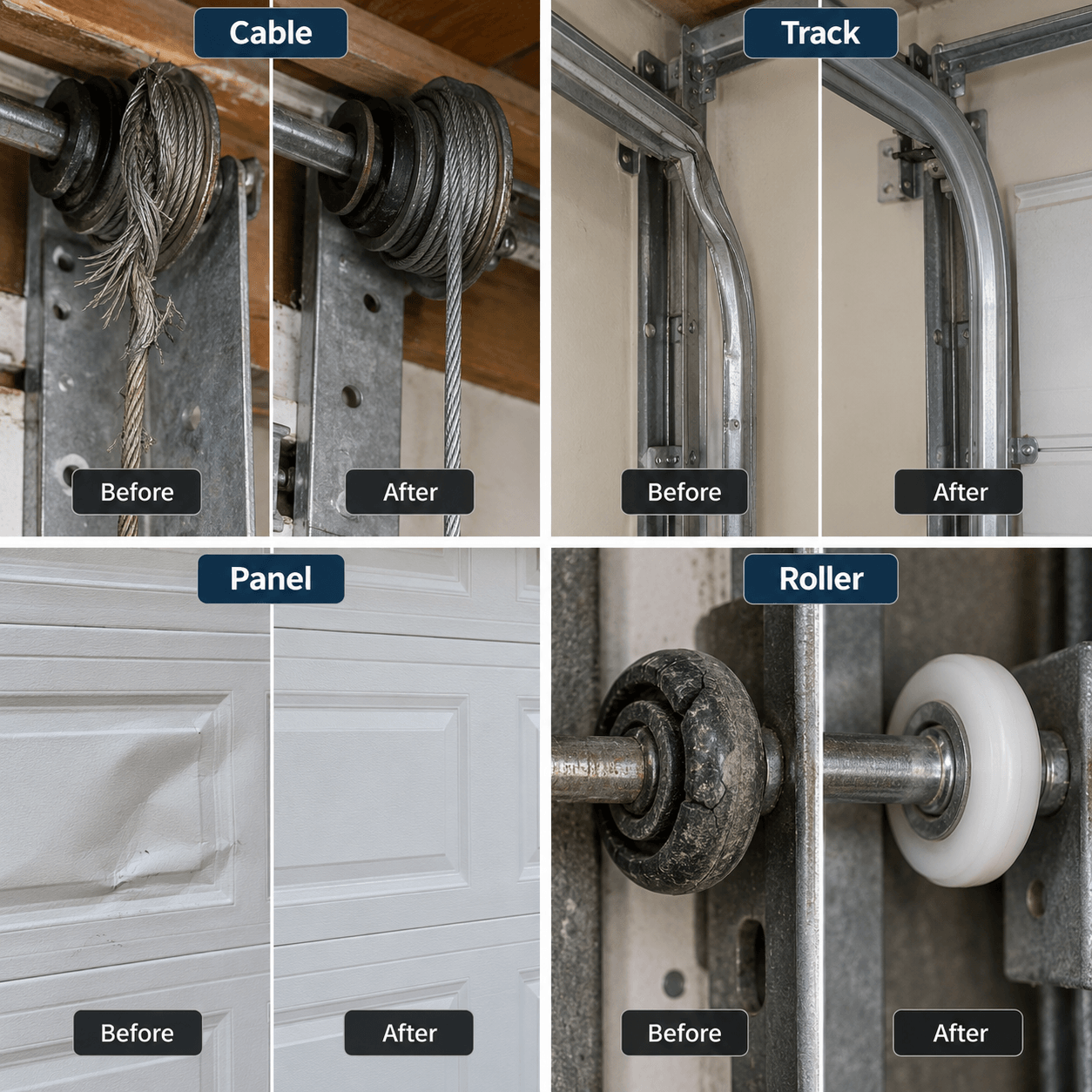 Before and after comparison of garage door cable, track, panel and roller repairs