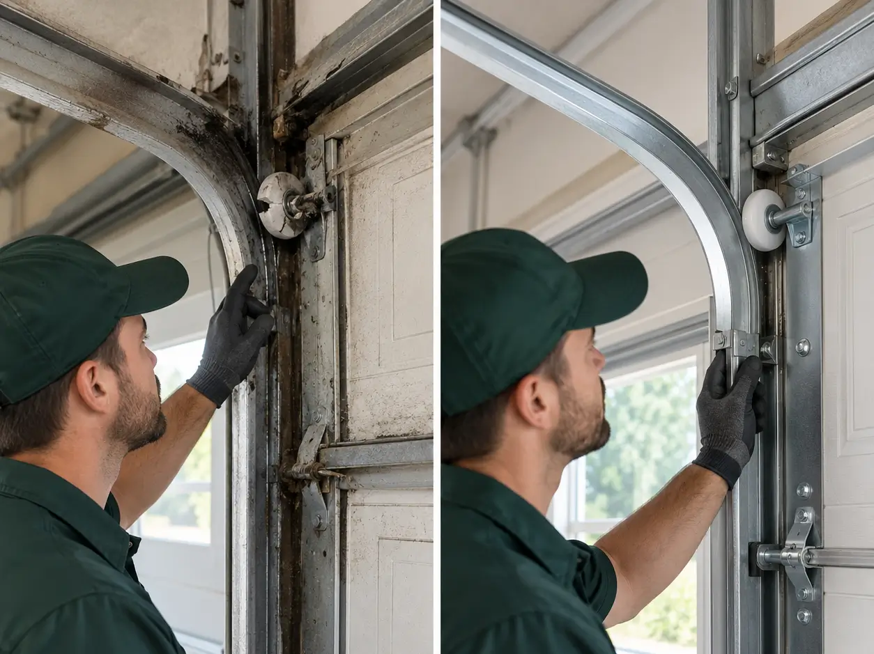 Before and after comparison of garage door roller repairs