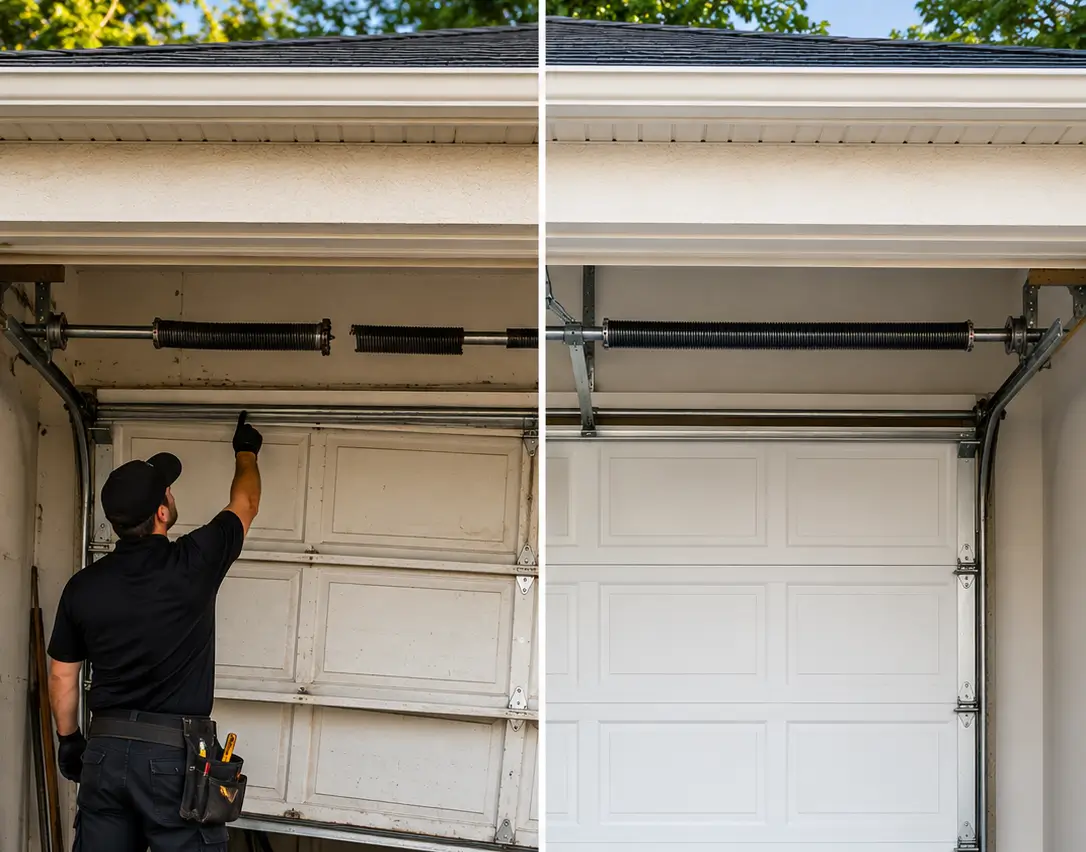 Before and after garage door spring repair showing a broken spring and the fully repaired spring system