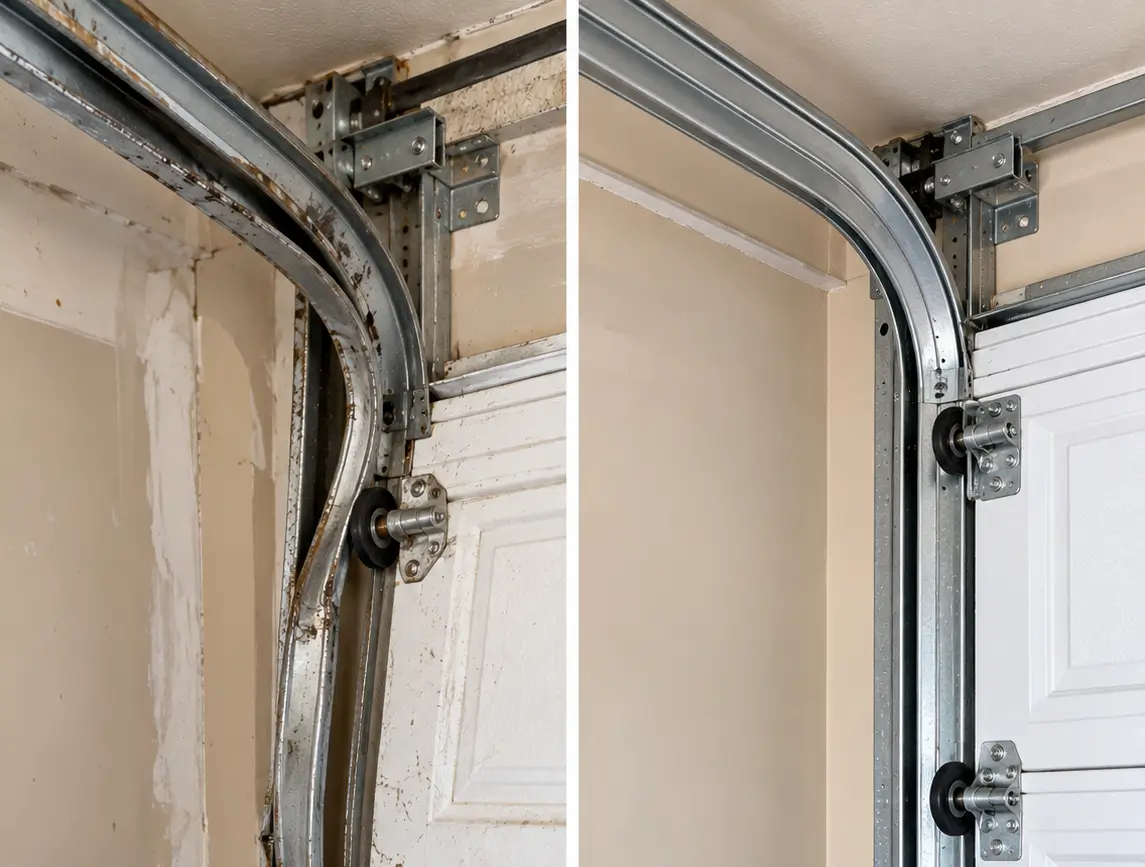 Before and after comparison of garage door track repairs